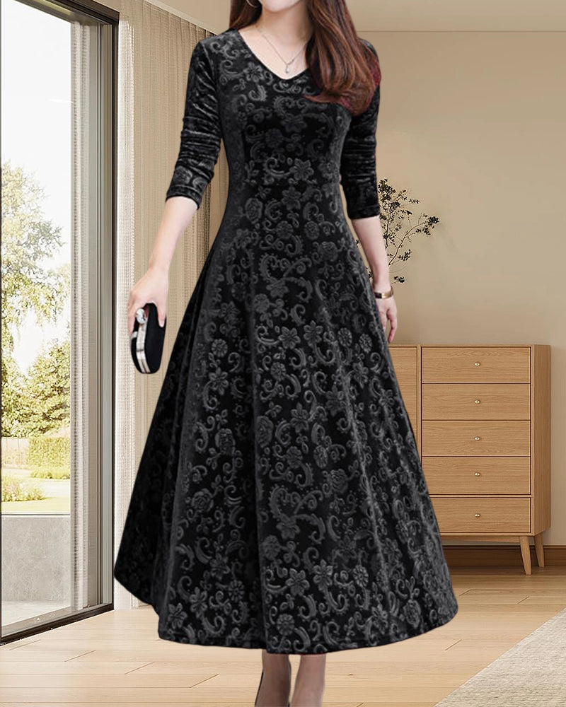 Elegantes Damen Abendkleid mit floralem Muster aus Samt-Luzern Mode