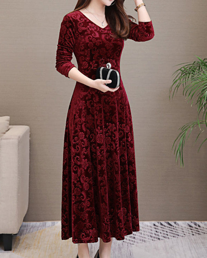 Elegantes Damen Abendkleid mit floralem Muster aus Samt-Luzern Mode