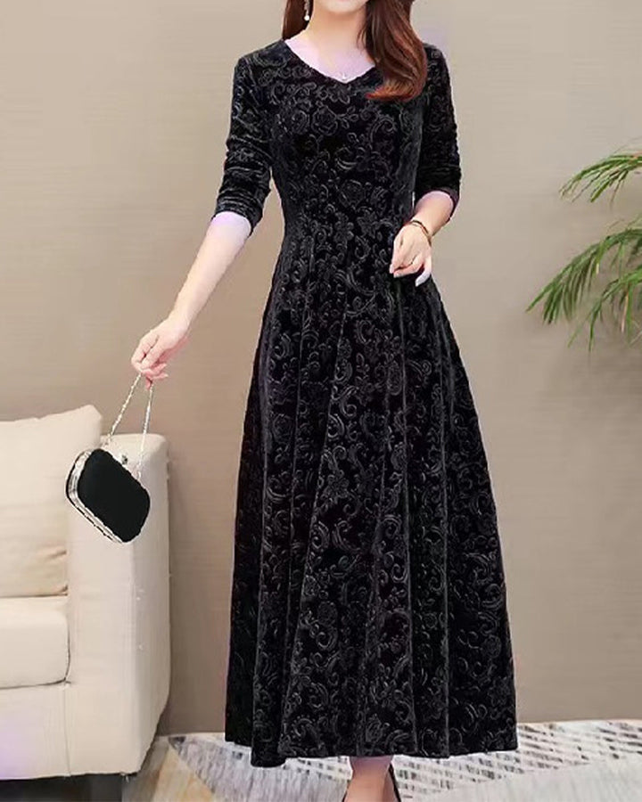 Elegantes Damen Abendkleid mit floralem Muster aus Samt-Luzern Mode