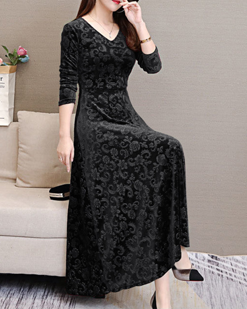 Elegantes Damen Abendkleid mit floralem Muster aus Samt-Luzern Mode