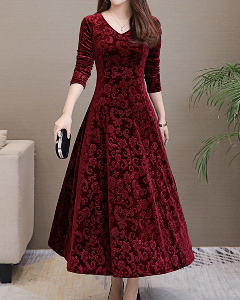 Elegantes Damen Abendkleid mit floralem Muster aus Samt-Weinrot-M-Luzern Mode