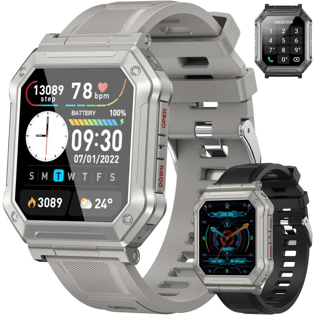 Herren Smartwatch | Fitness-Tracker | Militärstil | Wasserdicht | Telefonieren | Robust-Grau-Luzern Mode
