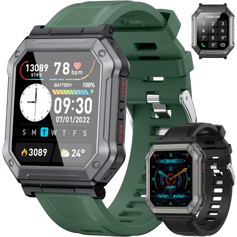 Herren Smartwatch | Fitness-Tracker | Militärstil | Wasserdicht | Telefonieren | Robust-Grün-Luzern Mode