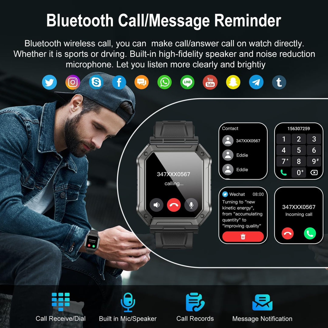 Herren Smartwatch | Fitness-Tracker | Militärstil | Wasserdicht | Telefonieren | Robust-Luzern Mode
