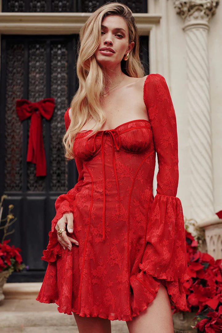 Mini Kleid | Lange Ärmel | Spitzenakzente | Einfarbig | Figurbetont-Rot-S-Luzern Mode