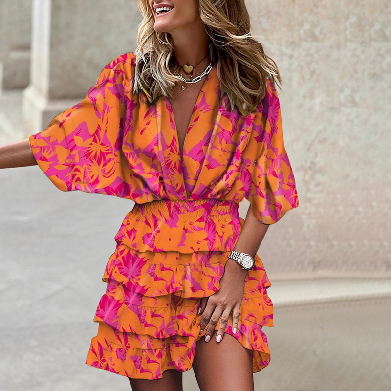 Damen Sommerkleid mit tropischem Print und V-Ausschnitt-Orange-S-Luzern Mode