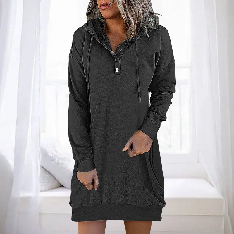Damen Hoodie | Lang | Lockere Schnitt | Einfarbig | Minimalistisch-Schwarz-S-Luzern Mode