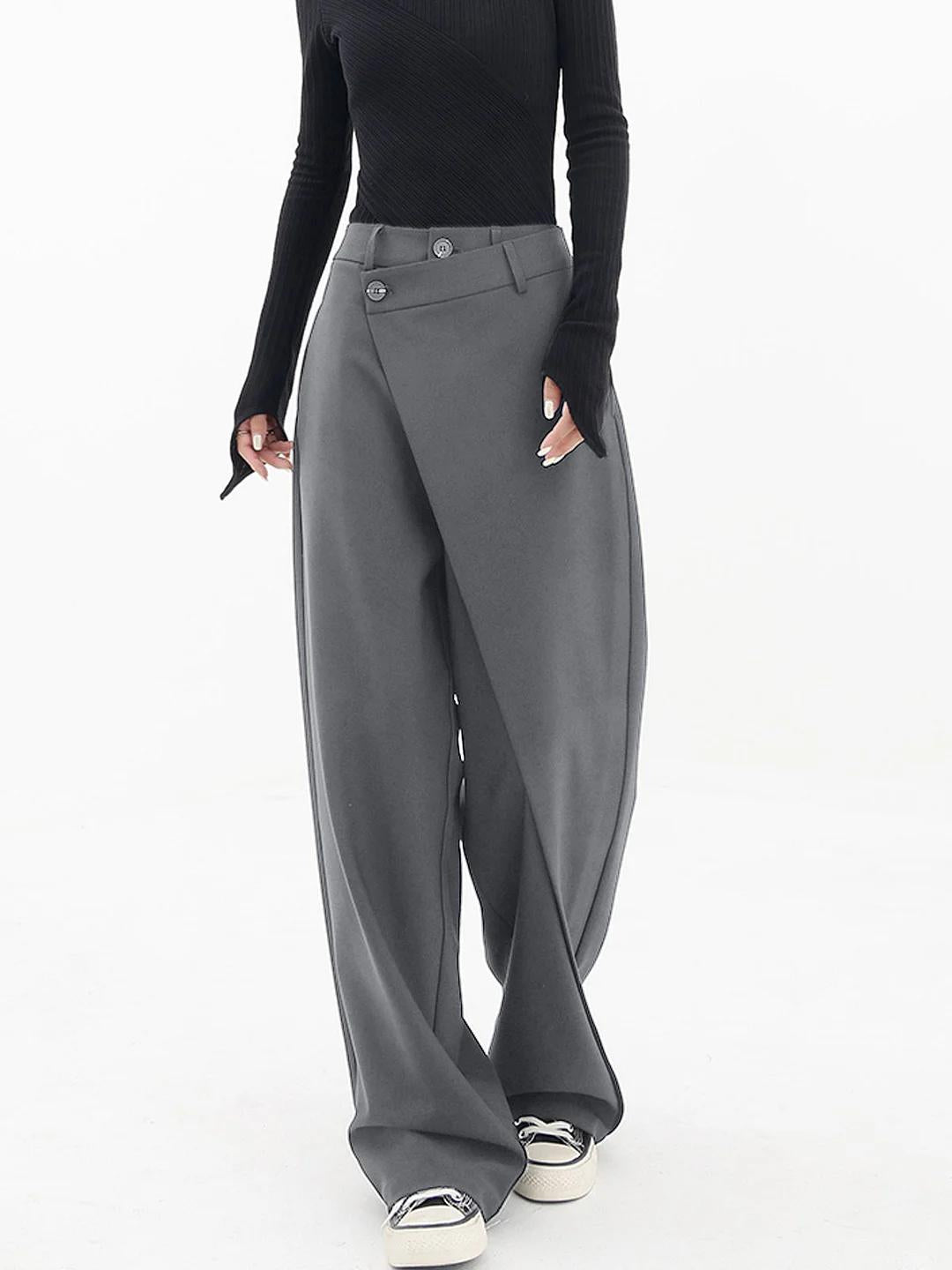 Damen Weite Hose mit Asymmetrischem Design und Bundfalten-Grau-S-Luzern Mode