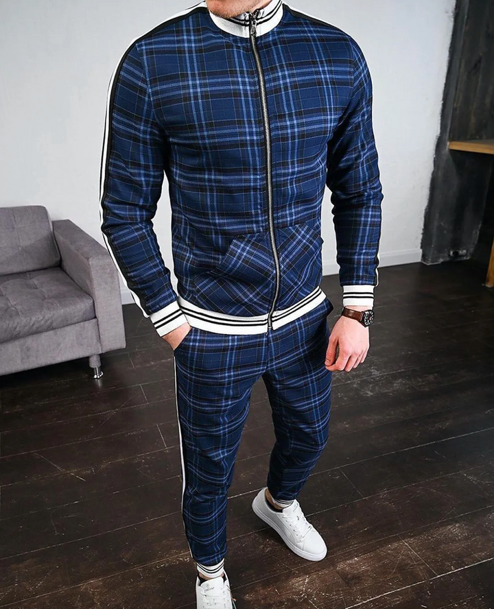 Herren Kleidungset | 2-teilig | Kariert | Reguläre Passform | Hose | Pullover-Blau-S-Luzern Mode