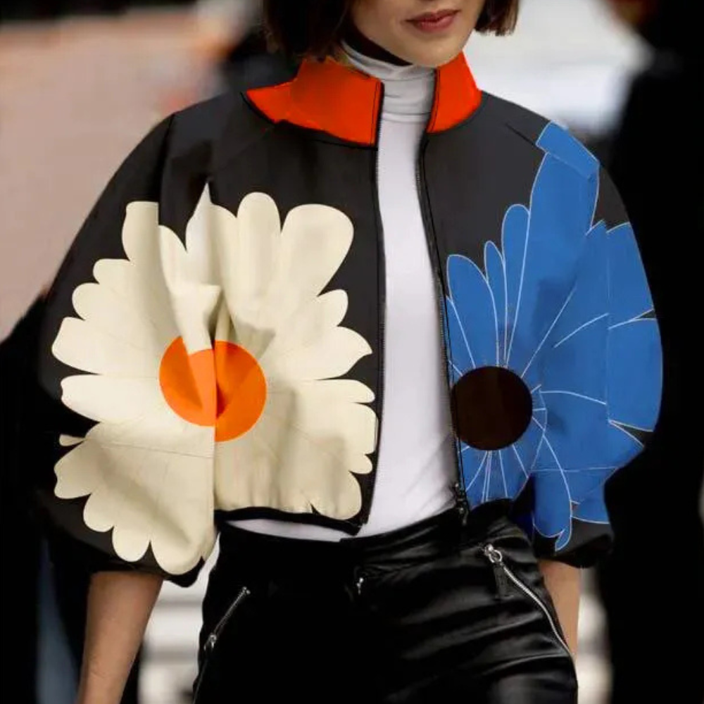 Damen Blumenjacke mit auffälligem Muster und Reißverschluss-Blau-XS-Luzern Mode