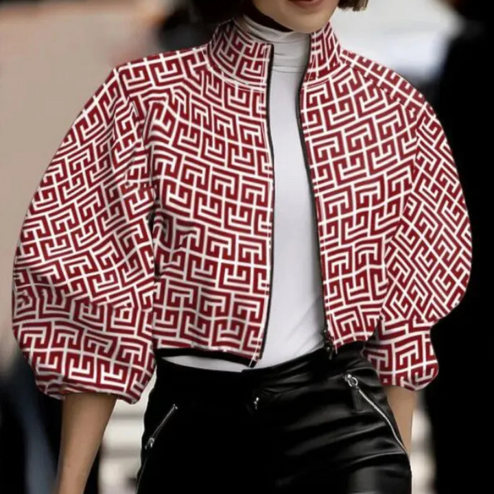 Damen Blumenjacke mit auffälligem Muster und Reißverschluss-Rot-XS-Luzern Mode