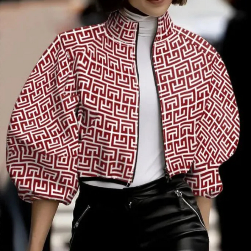 Damen Blumenjacke mit auffälligem Muster und Reißverschluss-Rot-XS-Luzern Mode