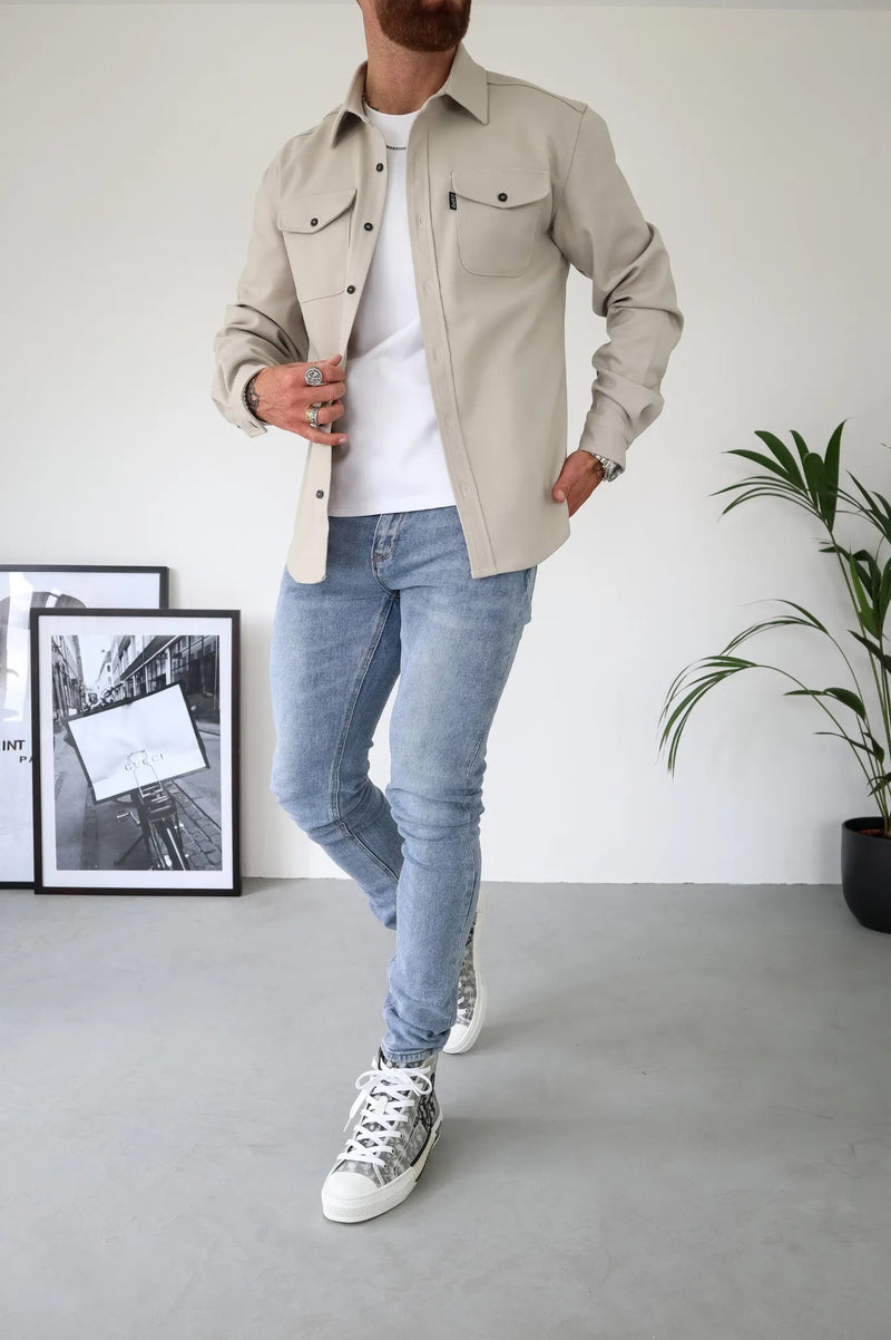 Herren Hemdjacke | Knöpfe | Unifarben | Reguläre Passform | Kragen | Brusttasche-Beige-S-Luzern Mode