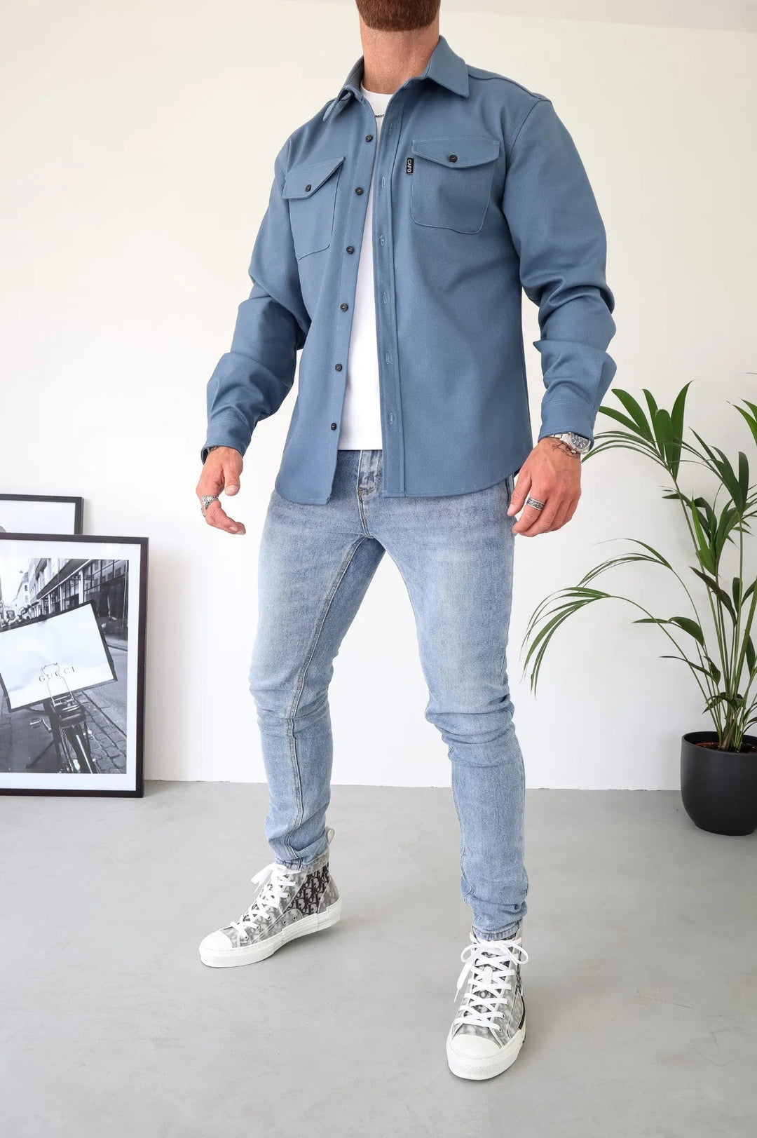 Herren Hemdjacke | Knöpfe | Unifarben | Reguläre Passform | Kragen | Brusttasche-Blau-S-Luzern Mode