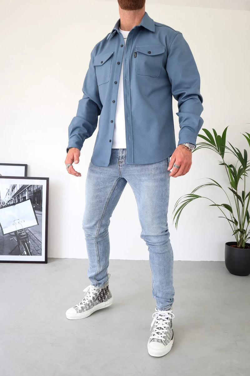Herren Hemdjacke | Knöpfe | Unifarben | Reguläre Passform | Kragen | Brusttasche-Blau-S-Luzern Mode