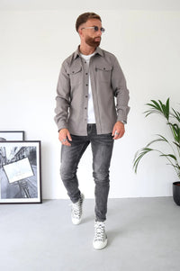 Herren Hemdjacke | Knöpfe | Unifarben | Reguläre Passform | Kragen | Brusttasche-Grau-S-Luzern Mode
