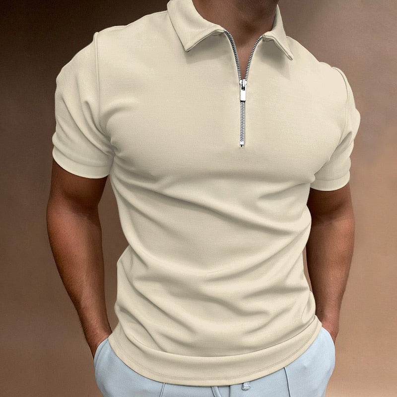 Slim Fit Zip Polo Herren | Reißverschluss Shirt Sommer | 1+1 Gratis Aktion-Beige-S-Luzern Mode