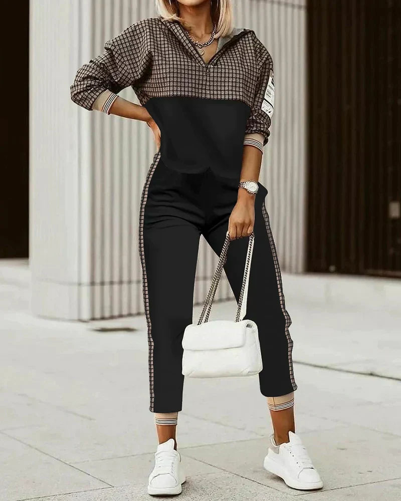 Bequemes modernes Damen-Trainingsanzug mit Muster-Design-Schwarz/Braun-XS-Luzern Mode