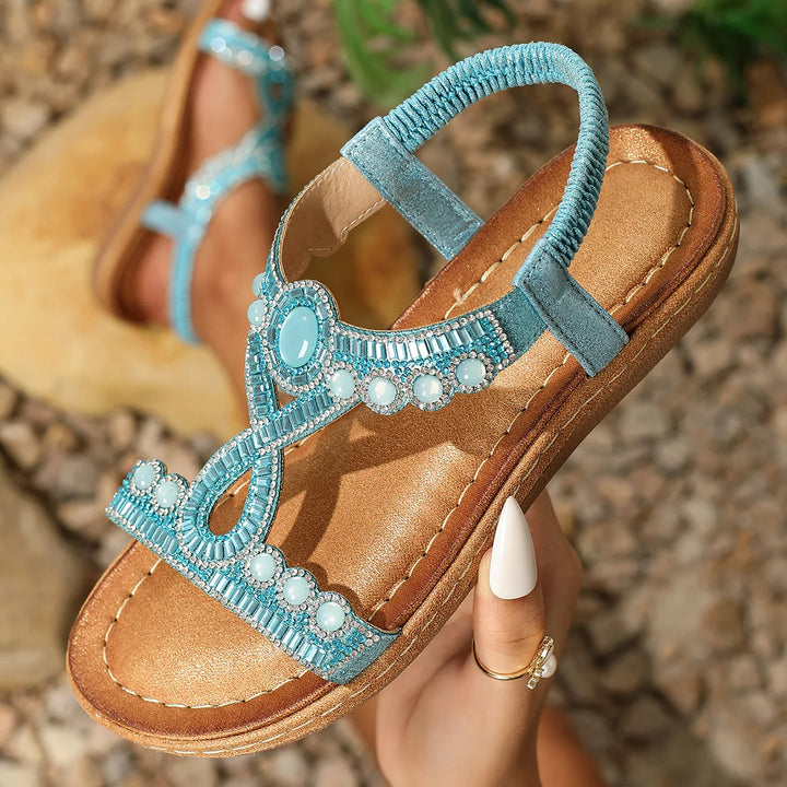 Strass Sandalen Damen | Glitzer Look | Trendy Sommerschuh | Flach & bequem-Blau-36-Luzern Mode