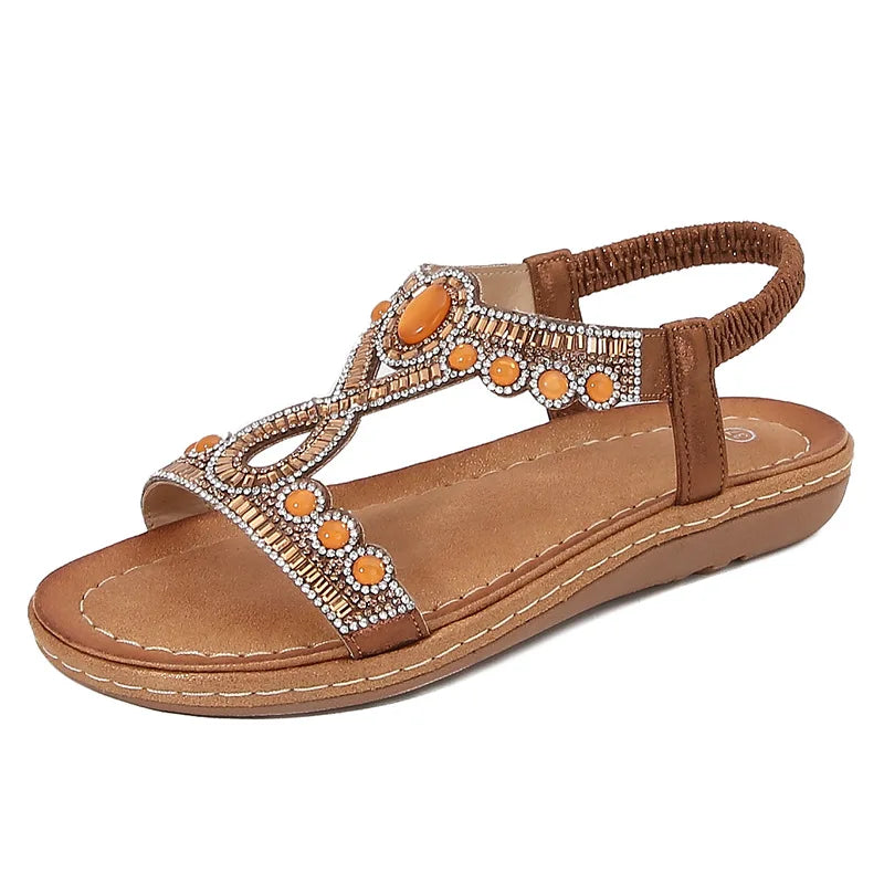 Strass Sandalen Damen | Glitzer Look | Trendy Sommerschuh | Flach & bequem-Kamel-36-Luzern Mode