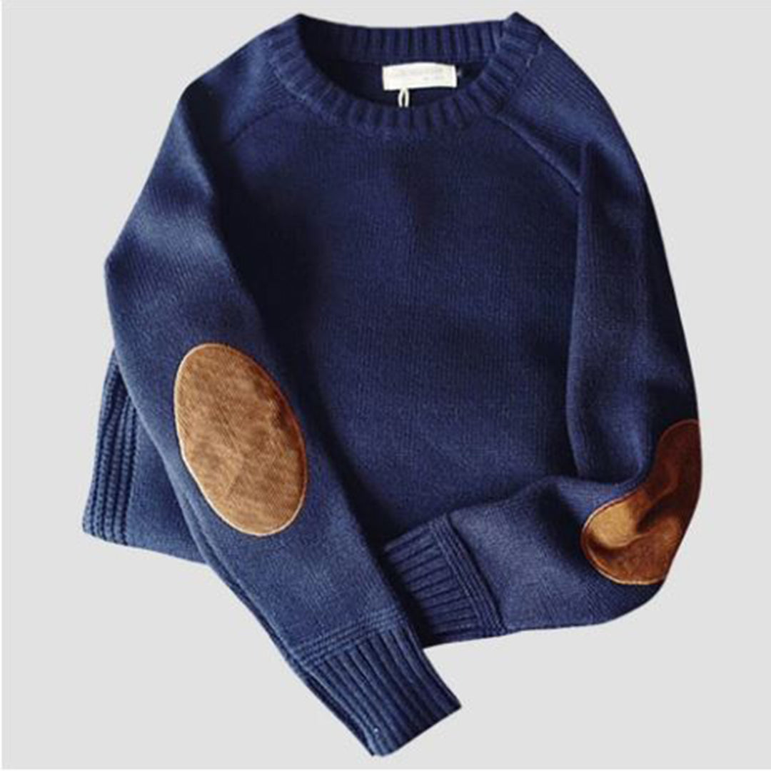 Herren Strickpullover mit Ellenbogen-Patches, Wintermode-Blau-M-Luzern Mode
