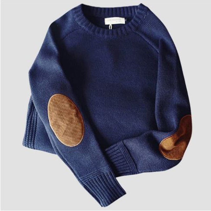 Herren Strickpullover mit Ellenbogen-Patches, Wintermode-Blau-M-Luzern Mode