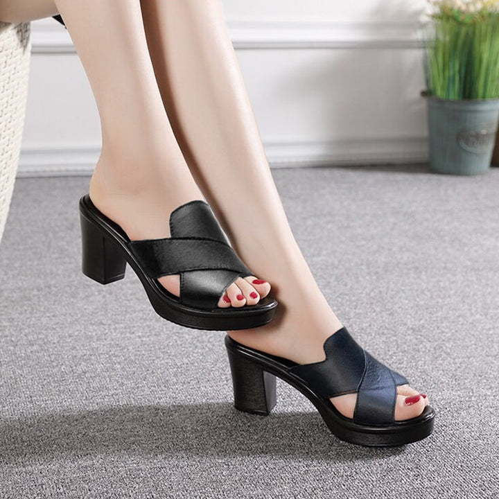 Damen Plateau-Sandaletten | Blockabsatz | Veganes Leder | Offen | 6cm-Schwarz-35-Luzern Mode