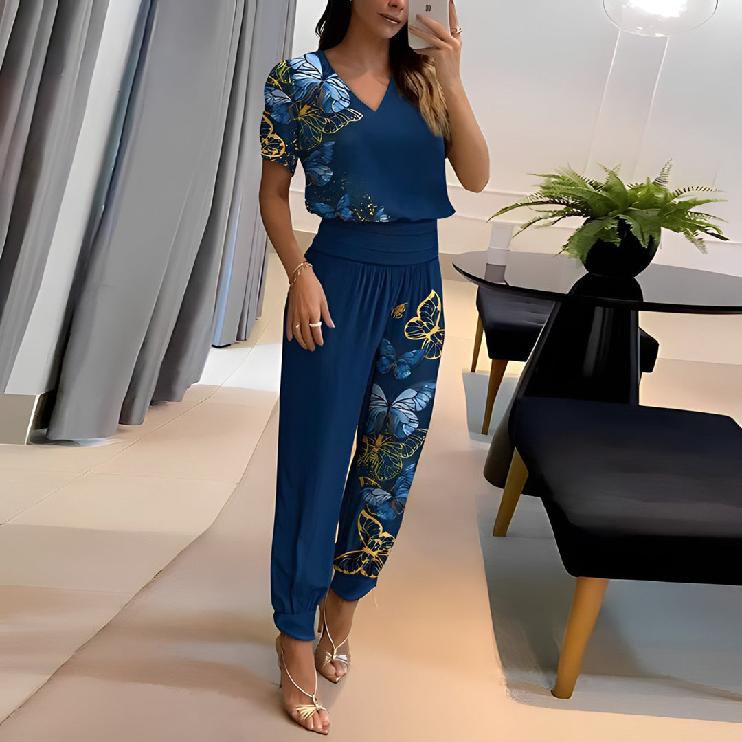 Puffärmel-Bluse | elastischer Hosenbund | bequemes Zweiteiler-Set | vielseitig tragbar-Blau-S-Luzern Mode
