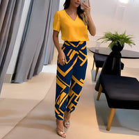 Puffärmel-Bluse | elastischer Hosenbund | bequemes Zweiteiler-Set | vielseitig tragbar-Gelb-Blau Print-S-Luzern Mode