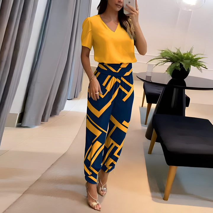 Puffärmel-Bluse | elastischer Hosenbund | bequemes Zweiteiler-Set | vielseitig tragbar-Gelb-Blau Print-S-Luzern Mode