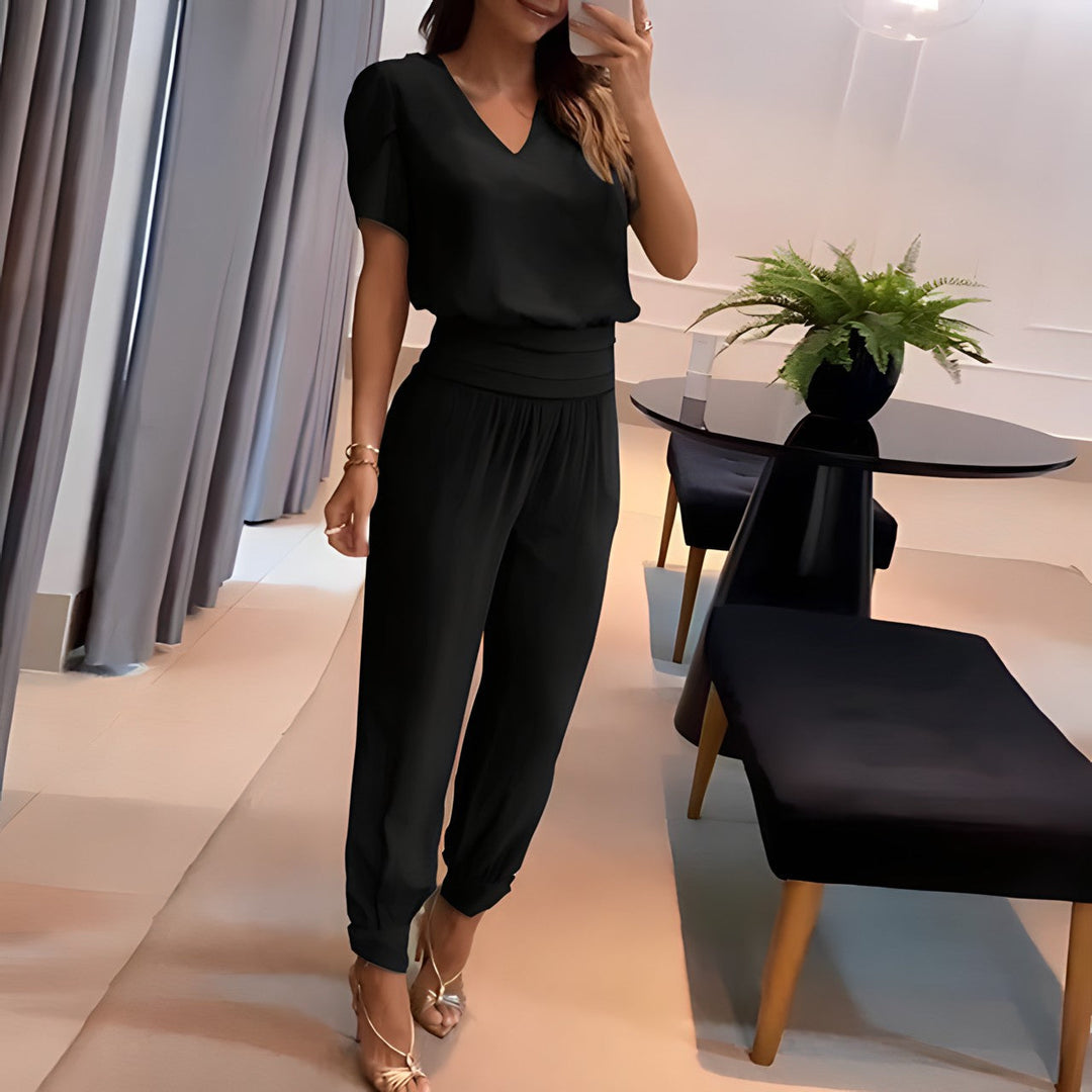 Puffärmel-Bluse | elastischer Hosenbund | bequemes Zweiteiler-Set | vielseitig tragbar-Schwarz-S-Luzern Mode