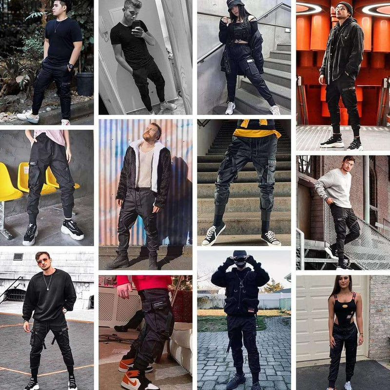 Herren Cargo Hose | Multi-Pocket | Hip-Hop | Schwarz | Kordelzug-Luzern Mode