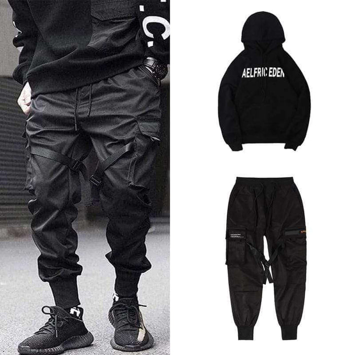 Herren Cargo Hose | Multi-Pocket | Hip-Hop | Schwarz | Kordelzug-Luzern Mode