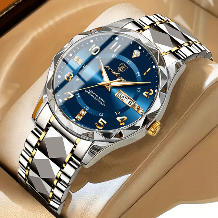 Luxus Herrenarmbanduhr mit Datumsanzeige und Edelstahlband-Inter-Goldenes Armband mit Blauem Zifferblatt-Luzern Mode