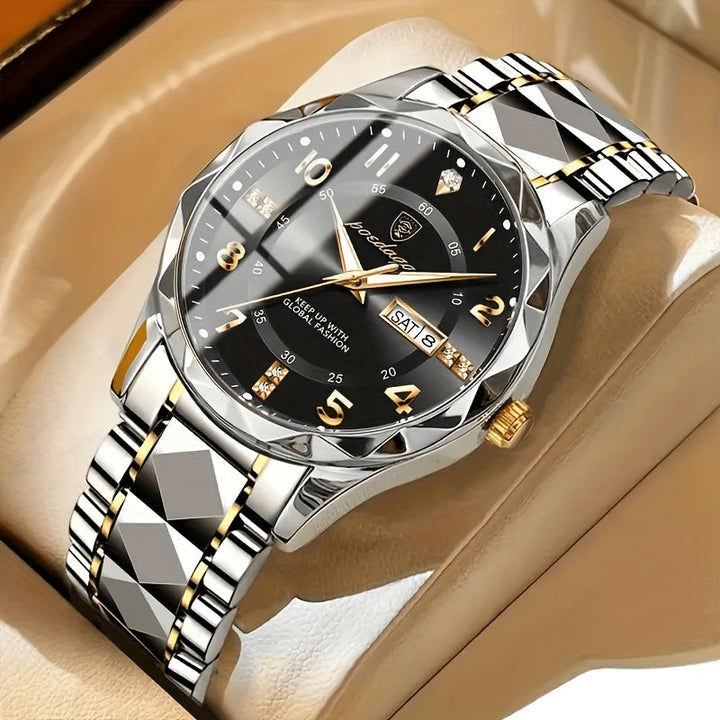 Luxus Herrenarmbanduhr mit Datumsanzeige und Edelstahlband-Inter-Goldenes Armband mit Schwarzem Zifferblatt-Luzern Mode