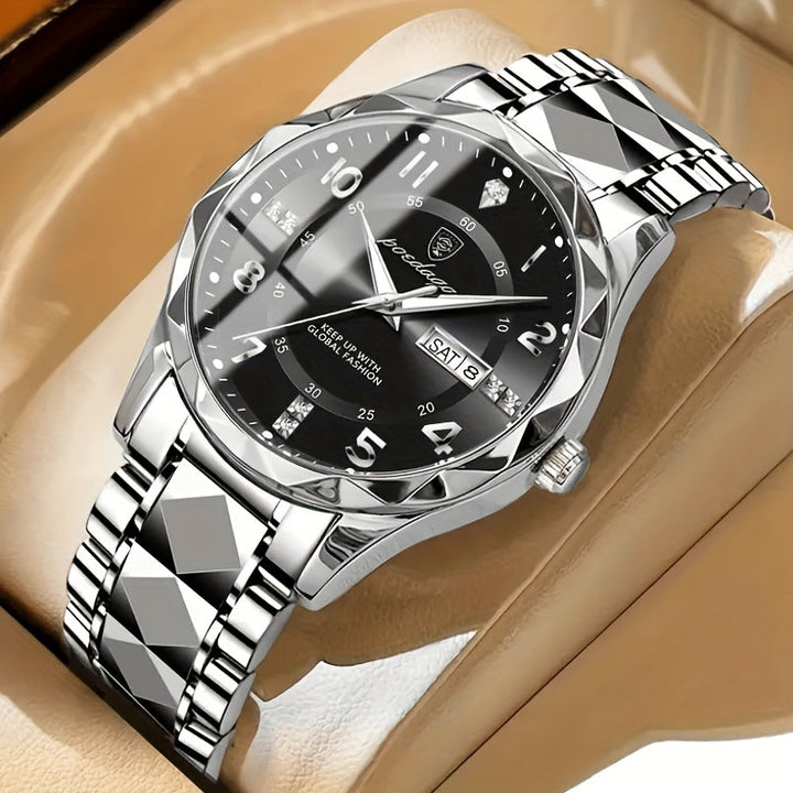 Luxus Herrenarmbanduhr mit Datumsanzeige und Edelstahlband-Silberfarbenes Armband mit Schwarzem Zifferblatt-Luzern Mode
