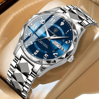 Luxus Herrenarmbanduhr mit Datumsanzeige und Edelstahlband-Silbernes Armband mit Blauem Zifferblatt-Luzern Mode