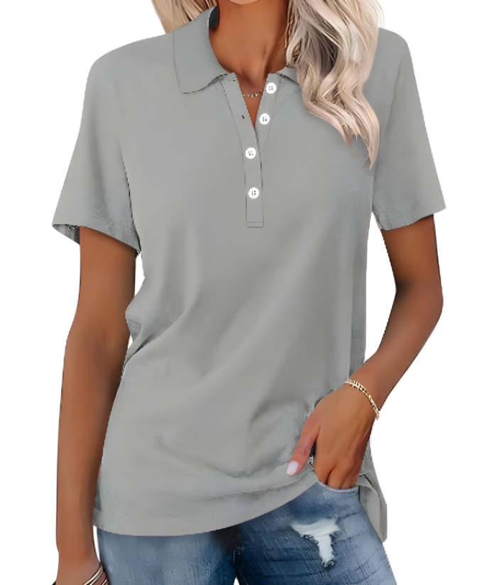 Damen Poloshirt | Kurze Ärmel | Kragen | Knöpfe | Uni | Locker sitzend-Grau-S-Luzern Mode