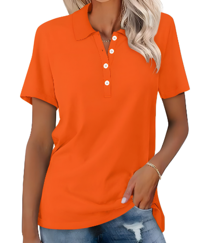 Damen Poloshirt | Kurze Ärmel | Kragen | Knöpfe | Uni | Locker sitzend-Orange-S-Luzern Mode
