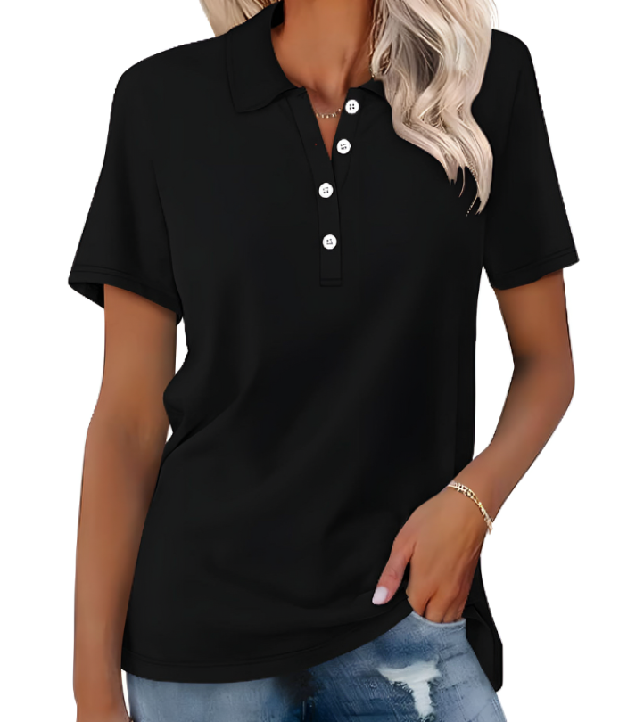 Damen Poloshirt | Kurze Ärmel | Kragen | Knöpfe | Uni | Locker sitzend-Schwarz-S-Luzern Mode