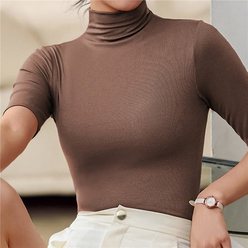 Damen Rollkragenpullover | Slim Fit | Dünn | Sommer | Kurze Ärmel | Nahtlos-Braun-XS-Luzern Mode