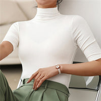 Damen Rollkragenpullover | Slim Fit | Dünn | Sommer | Kurze Ärmel | Nahtlos-Weiß-XS-Luzern Mode