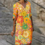 Damen Blumenkleid mit Blumenmuster - Sommerkleid Midi-Gelb-XS-Luzern Mode