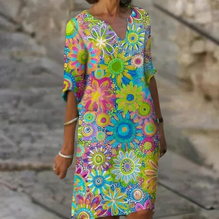 Damen Blumenkleid mit Blumenmuster - Sommerkleid Midi-Grün-XS-Luzern Mode