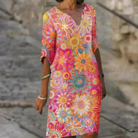 Damen Blumenkleid mit Blumenmuster - Sommerkleid Midi-Rosa-XS-Luzern Mode