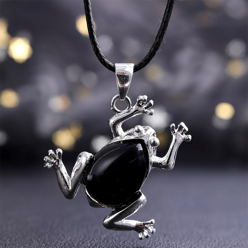 Halskette für Damen | Natürliche Kristalle | Frosch | Entspannend-Obsidian-Luzern Mode