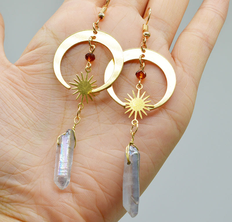Ohrringe für Damen | Kristall | Natürlich | Mond | Sterne | Vintage-Klarer Quarz und Goldener Mond-Luzern Mode