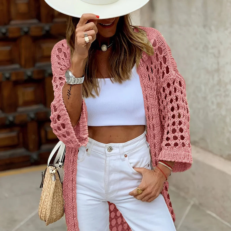 Boho Strickjacke Damen - Lässiger Häkel-Cardigan Outfit-S-Wassermelonenrot-Luzern Mode