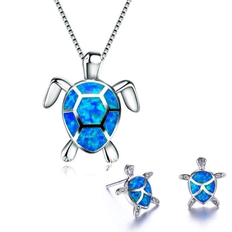 Schmuckset für Damen | Halskette | Ohrringe | Silber | Opal | Schildkröte-Luzern Mode