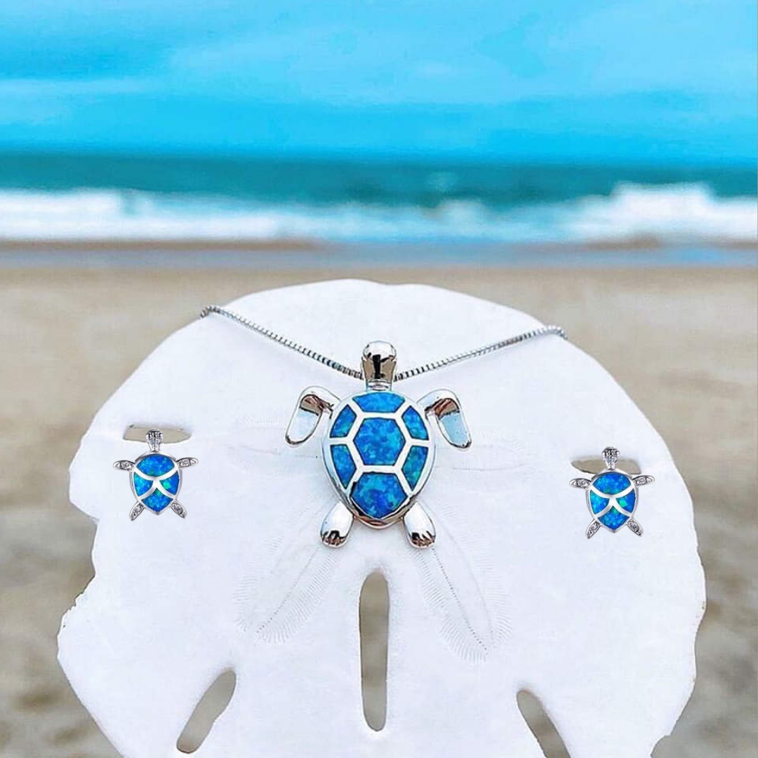 Schmuckset für Damen | Halskette | Ohrringe | Silber | Opal | Schildkröte-Blau-Luzern Mode